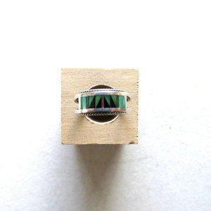 Vintage Sterling Silver Ring With Turquoise & Coral Chip Inlay - Ring Size 8 1/2
